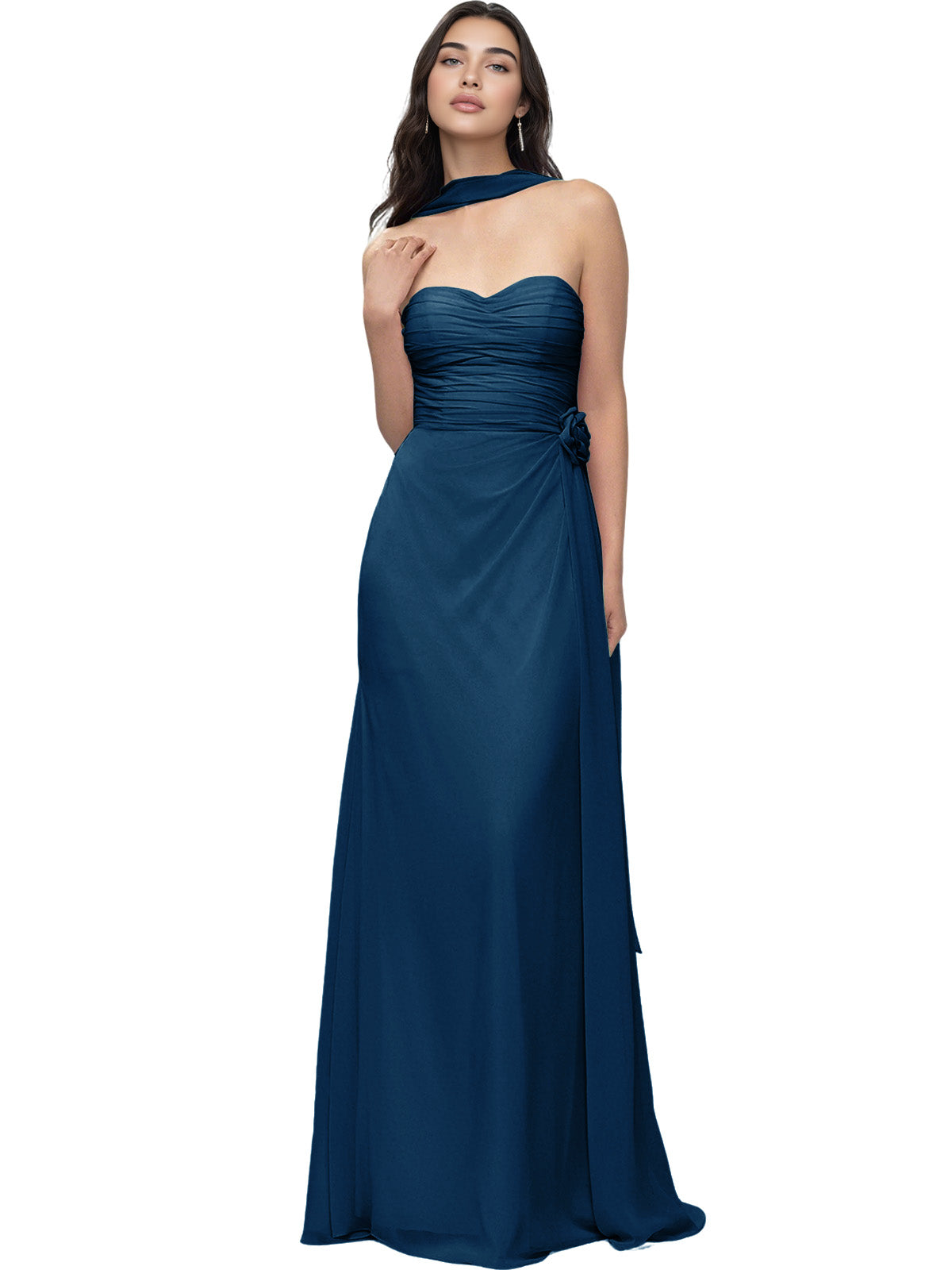 Strapless Chiffon Bridesmaid Dress with Wrapped Bodice and Slit Dress