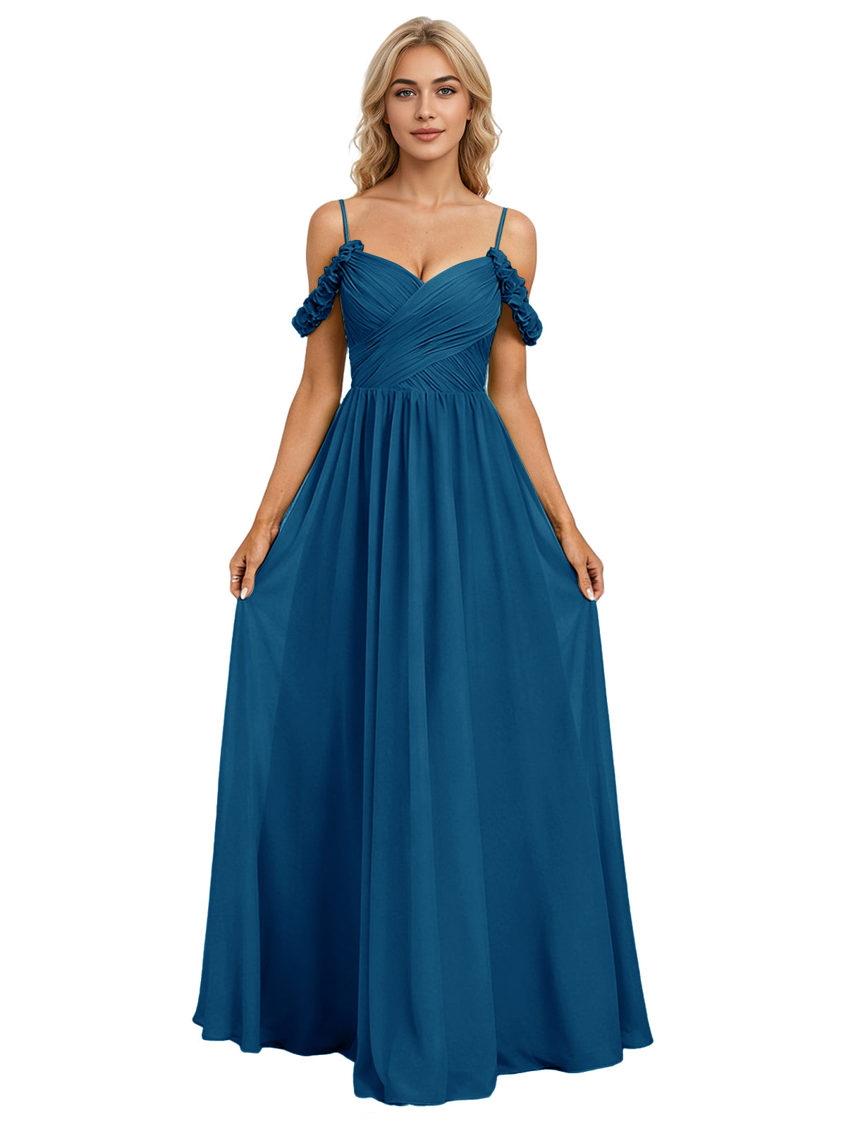 Off Shoulder Lace Applique Bridesmaid Dress with Flowing Chiffon dress