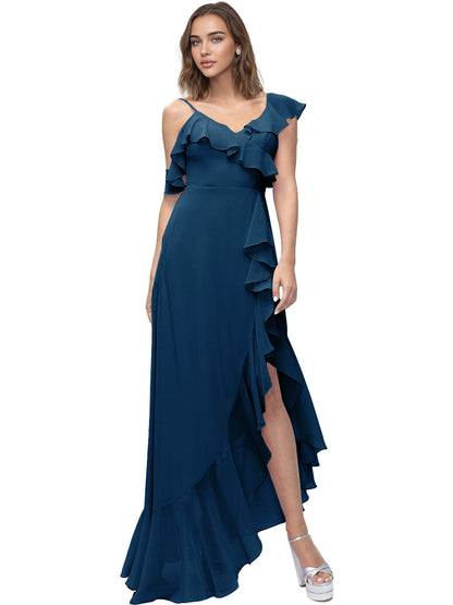 Asymmetrical Ruffle Chiffon Bridesmaid Dress with High Low Slit