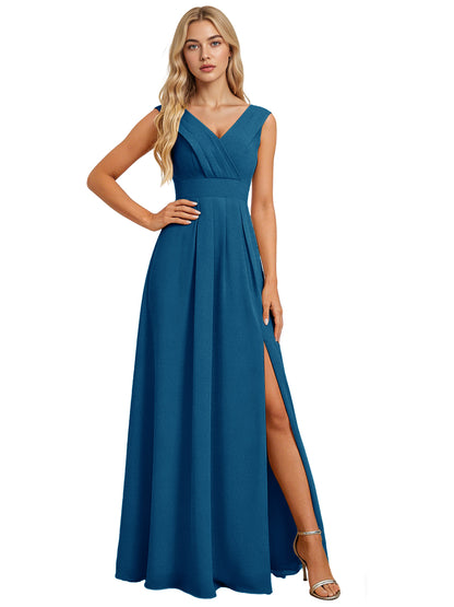 Surplice V-Neck Chiffon Bridesmaid Dress with A-Line Slit dress