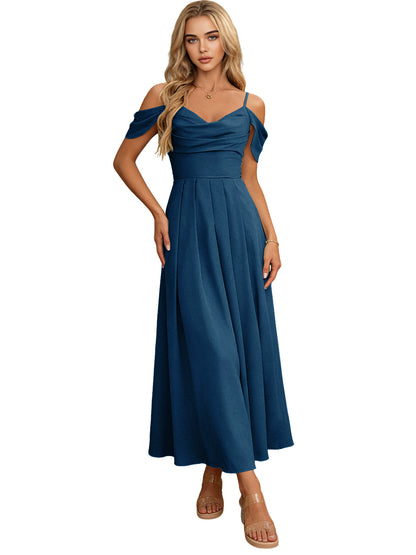 Off Shoulder Midi Bridesmaid Dress with Pleated Bodice and Flowing dress