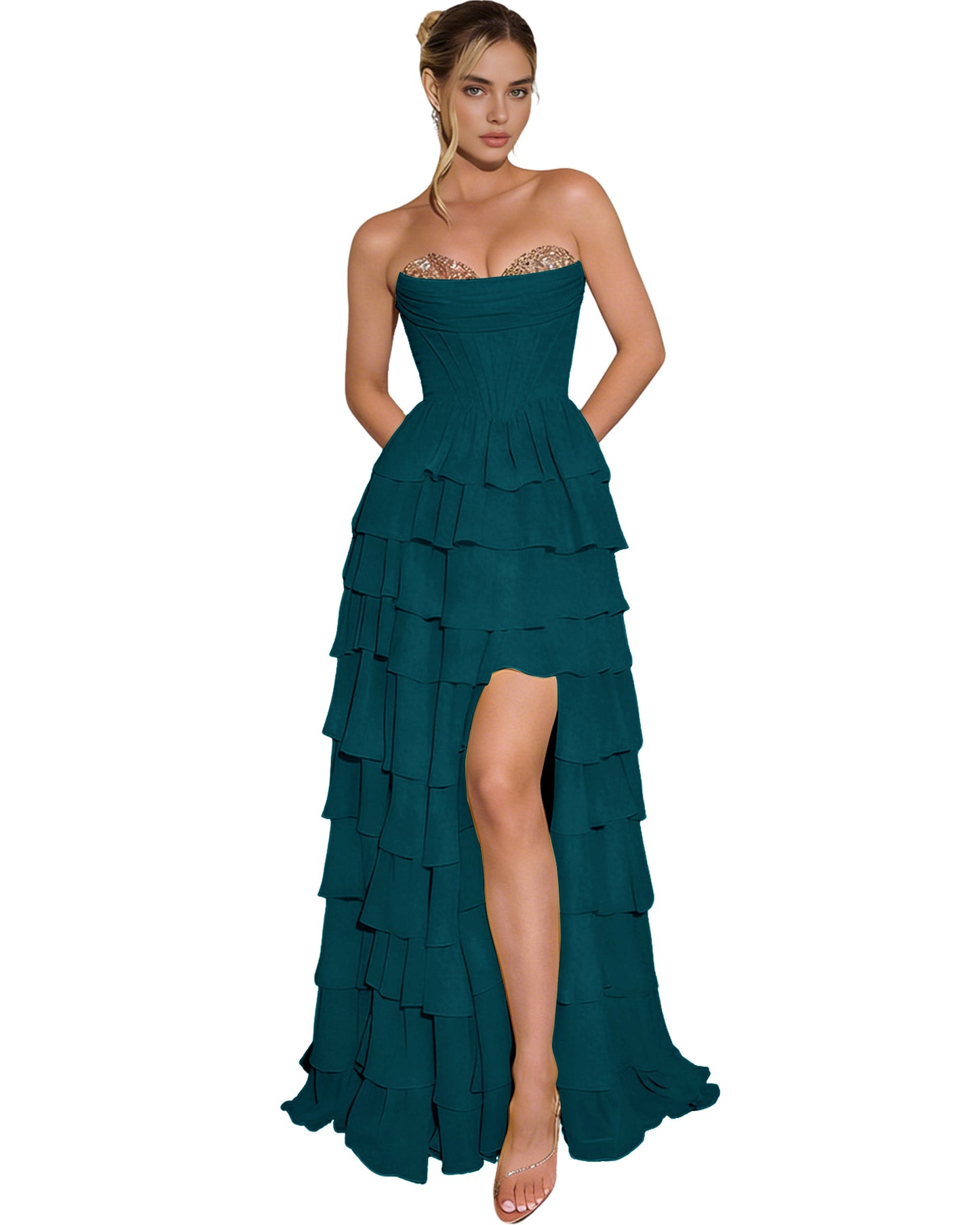 Strapless Layered Tulle Prom Dress with Corset Bodice and High Low Hem