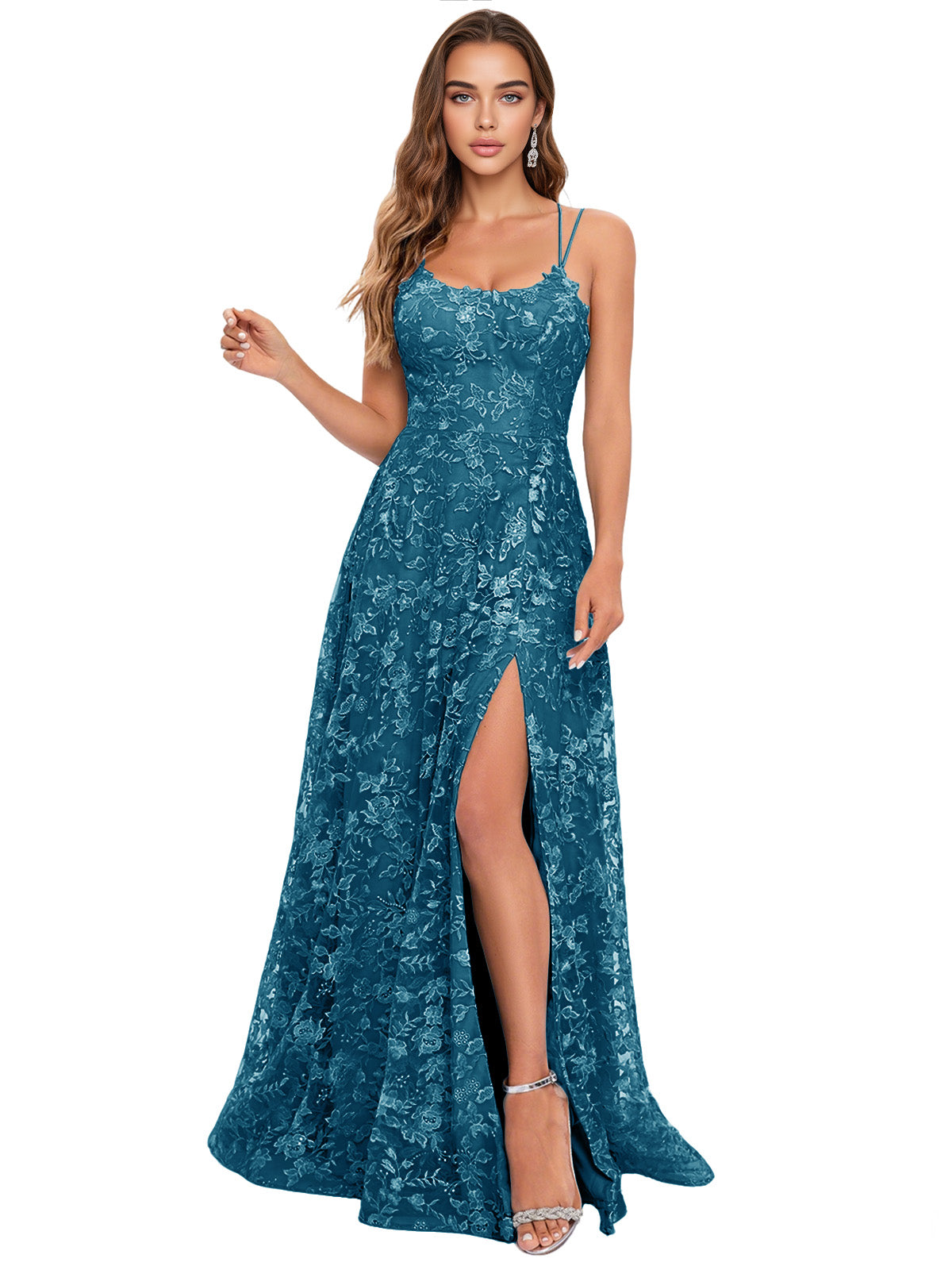 Scoop Neck Lace A-Line Prom Dress with Spaghetti Straps and Side Slit