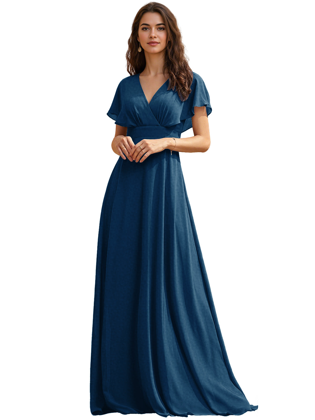 Flutter Sleeve V-Neck Chiffon Bridesmaid Dress with Flowing dress