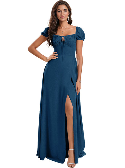 Ruched Short Sleeve Chiffon Bridesmaid Dress with Side Slit