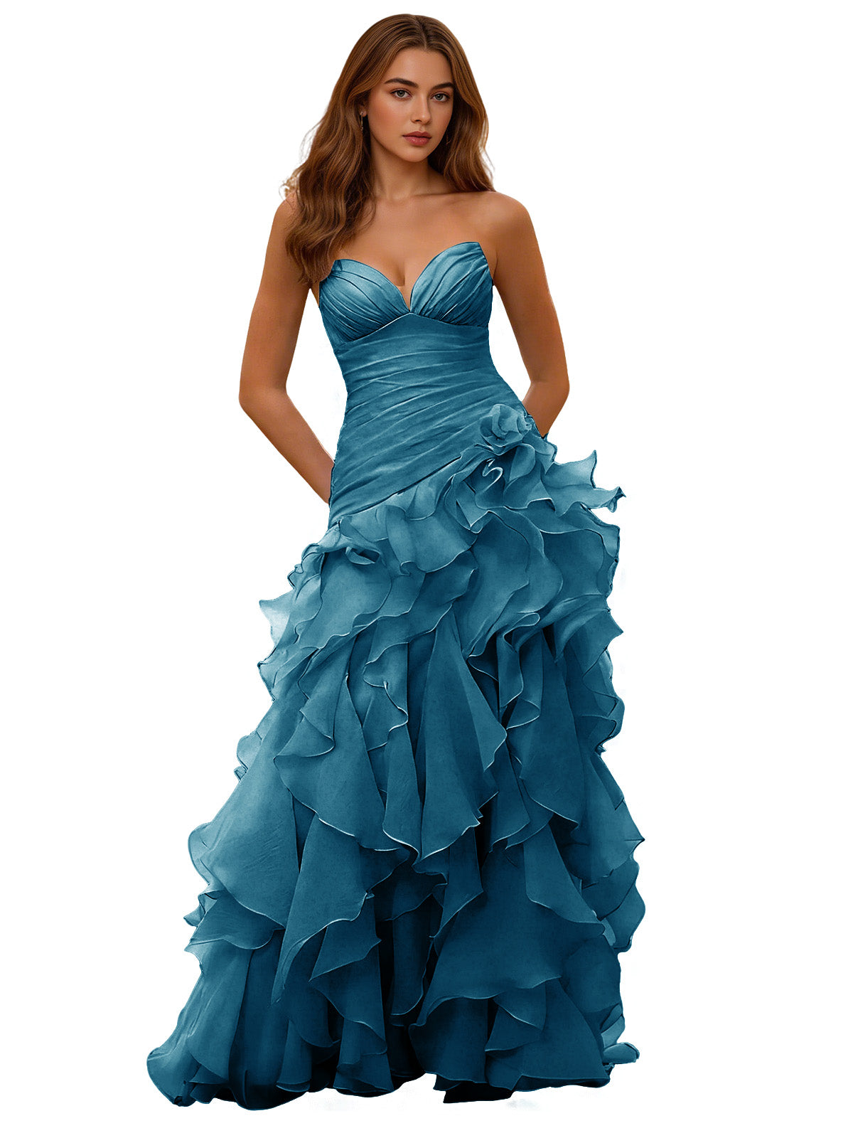 Strapless Organza Ruffle Ball Gown Prom Dress with Draped Corset Bodice