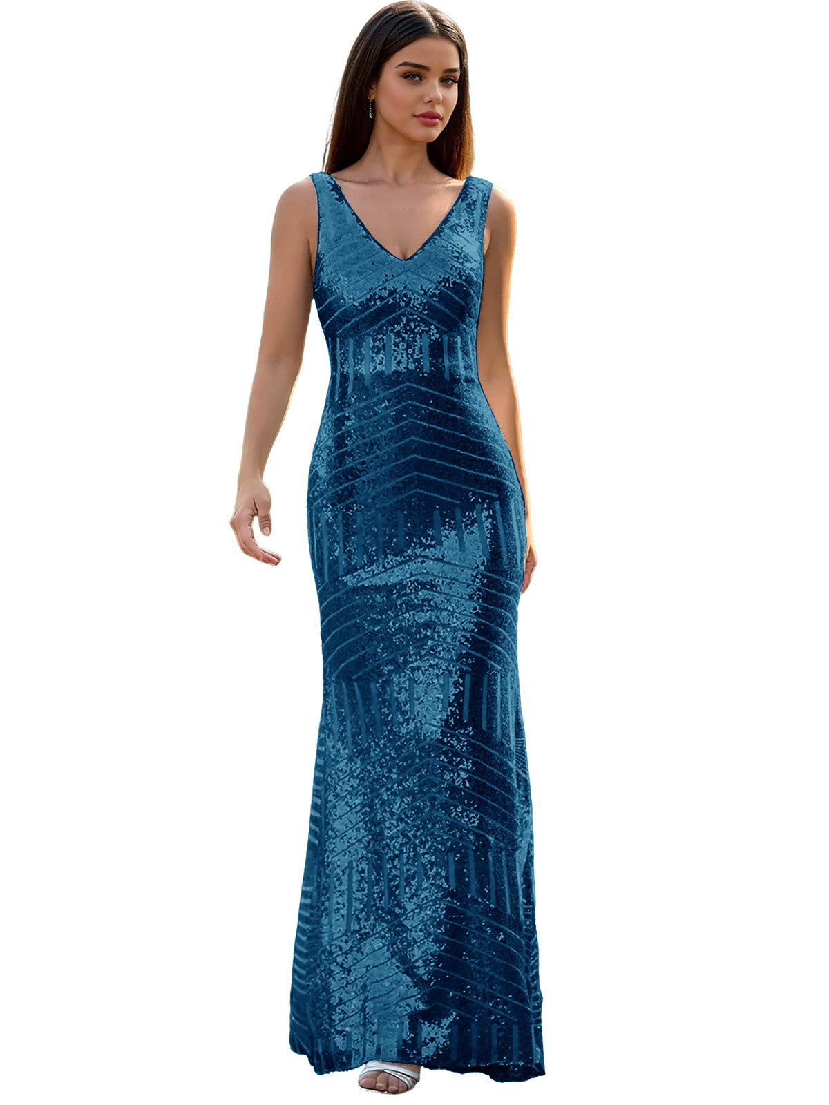 V-Neck Sequin Column Prom Dress with Beaded Waist and Low Back