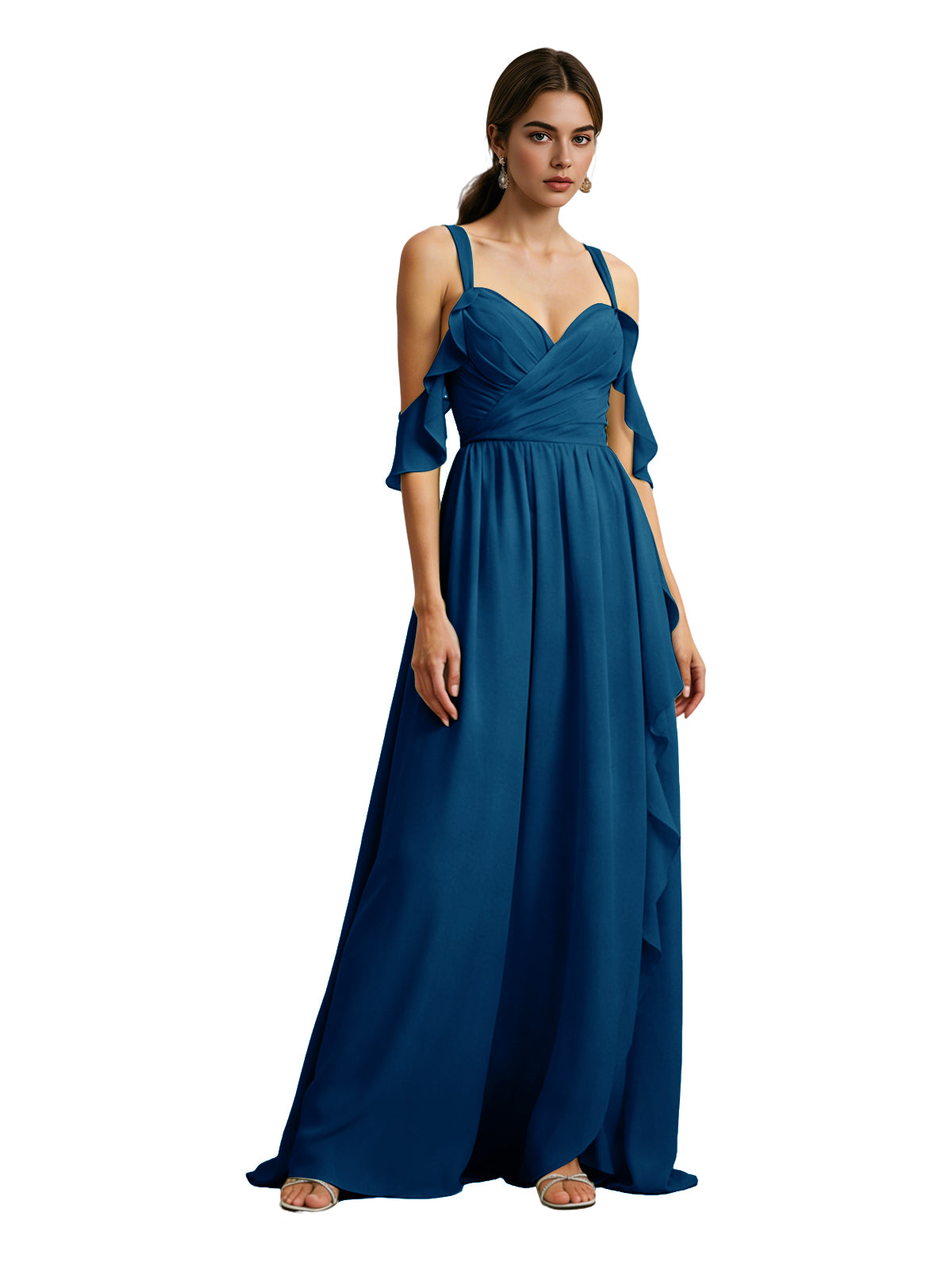 Cold Shoulder Chiffon Bridesmaid Dress with Draped V-Neck Bodice