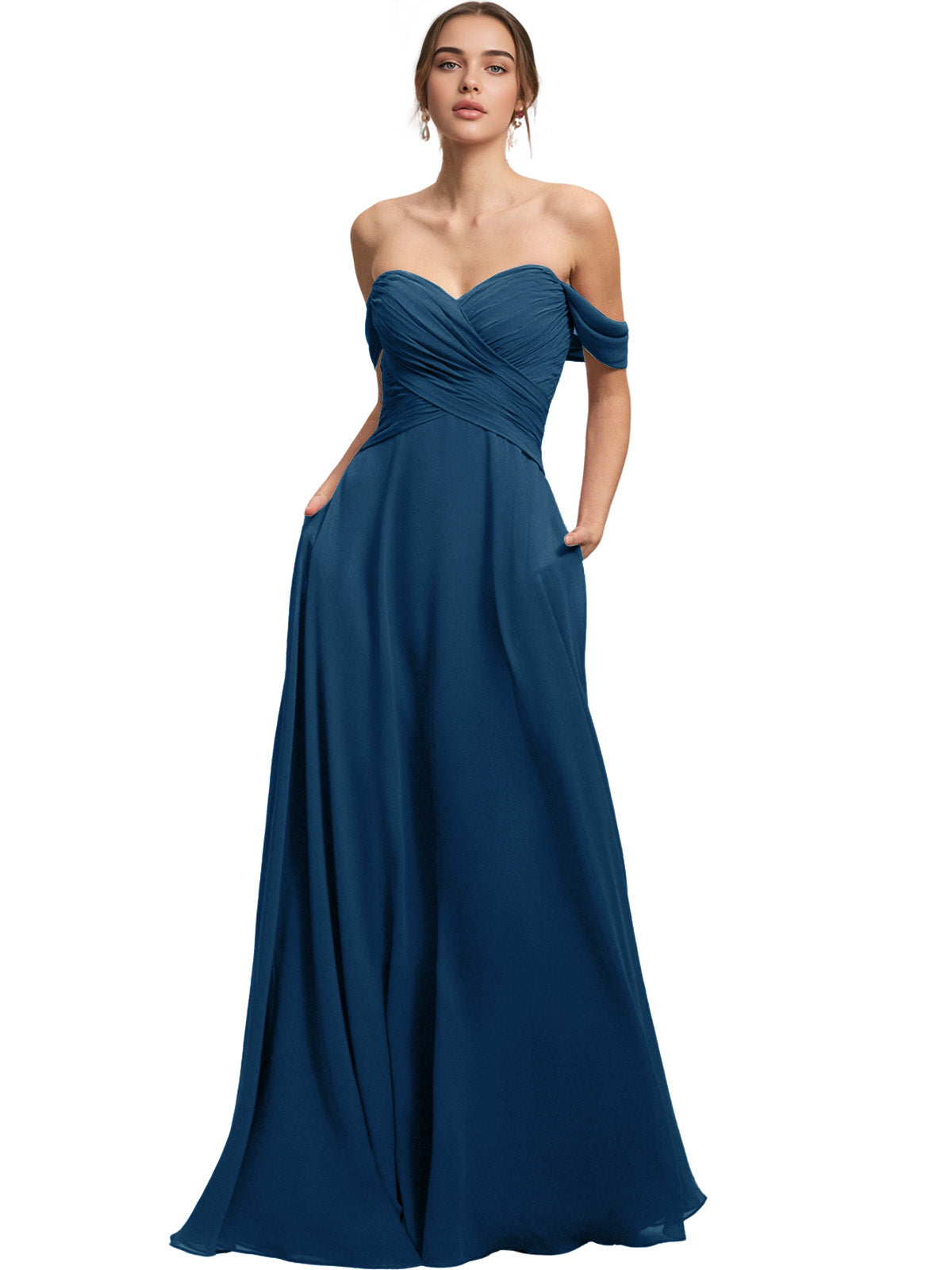 Off Shoulder Chiffon Bridesmaid Dress with Draped Bodice and A-Line Dress