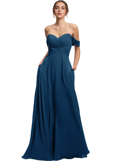 Off Shoulder Chiffon Bridesmaid Dress with Draped Bodice and A-Line Dress