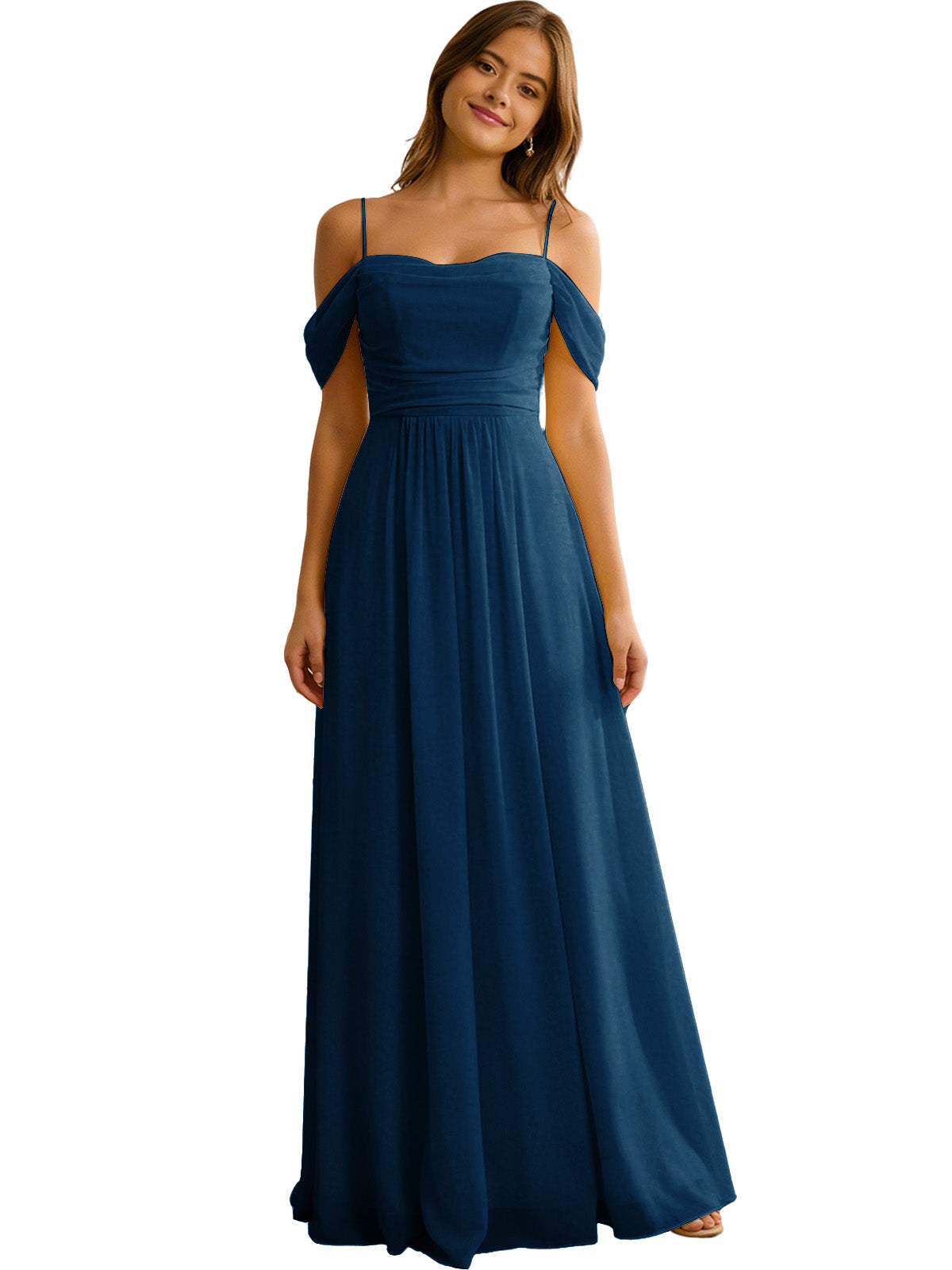 Off Shoulder Chiffon Bridesmaid Dress with Soft Pleated Bodice