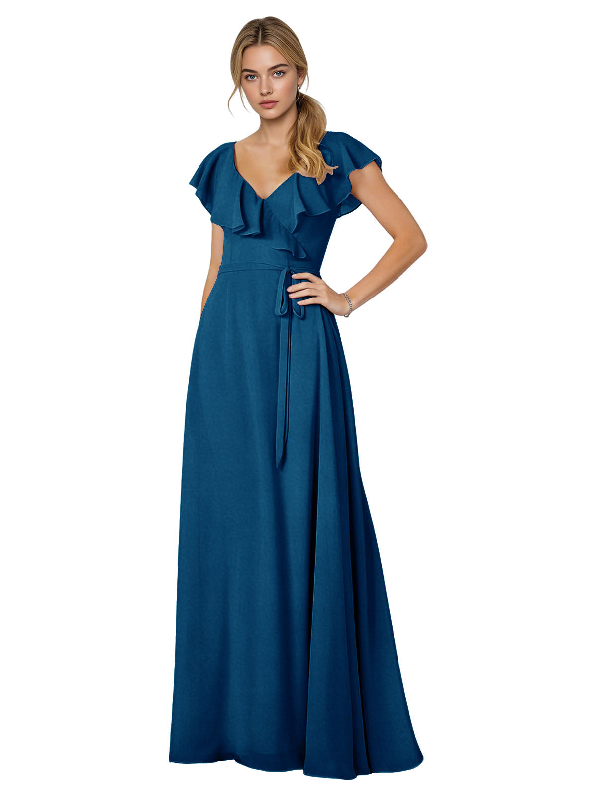 Tie Neck Chiffon Bridesmaid Dress with Flutter Sleeves