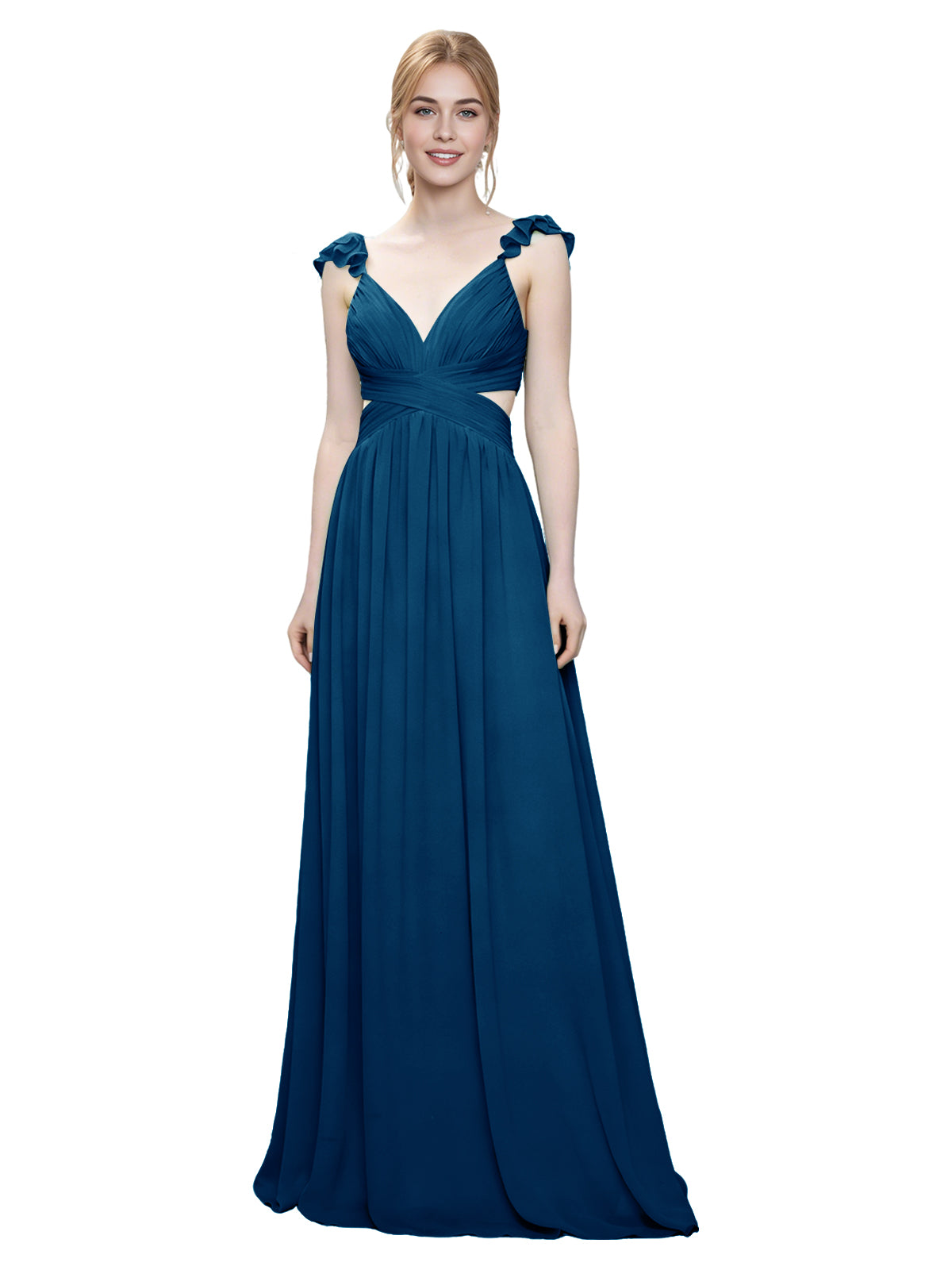 Ruffle Strap V-Neck Tulle Bridesmaid Dress with Pleated Waist