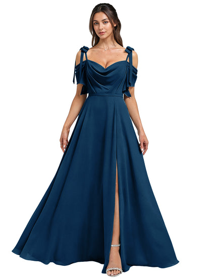 Cowl Neck Cold Shoulder Bridesmaid Dress with High Slit Chiffon Dress