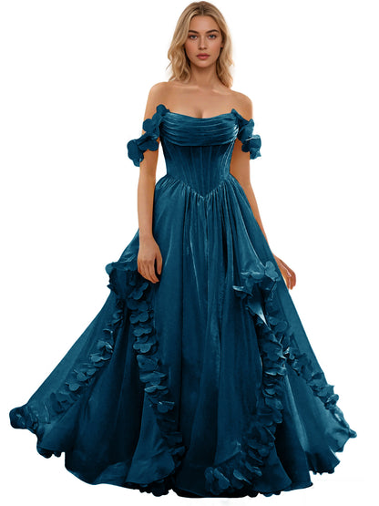 Off Shoulder Ruffle Tulle Ball Gown Prom Dress with Floral Applique