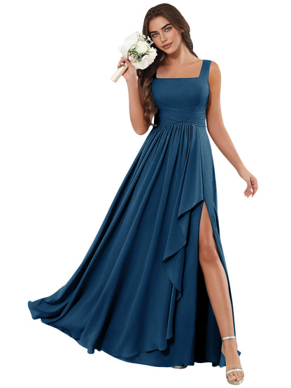 Square Neck Chiffon Bridesmaid Dress with Corset Back and Slit