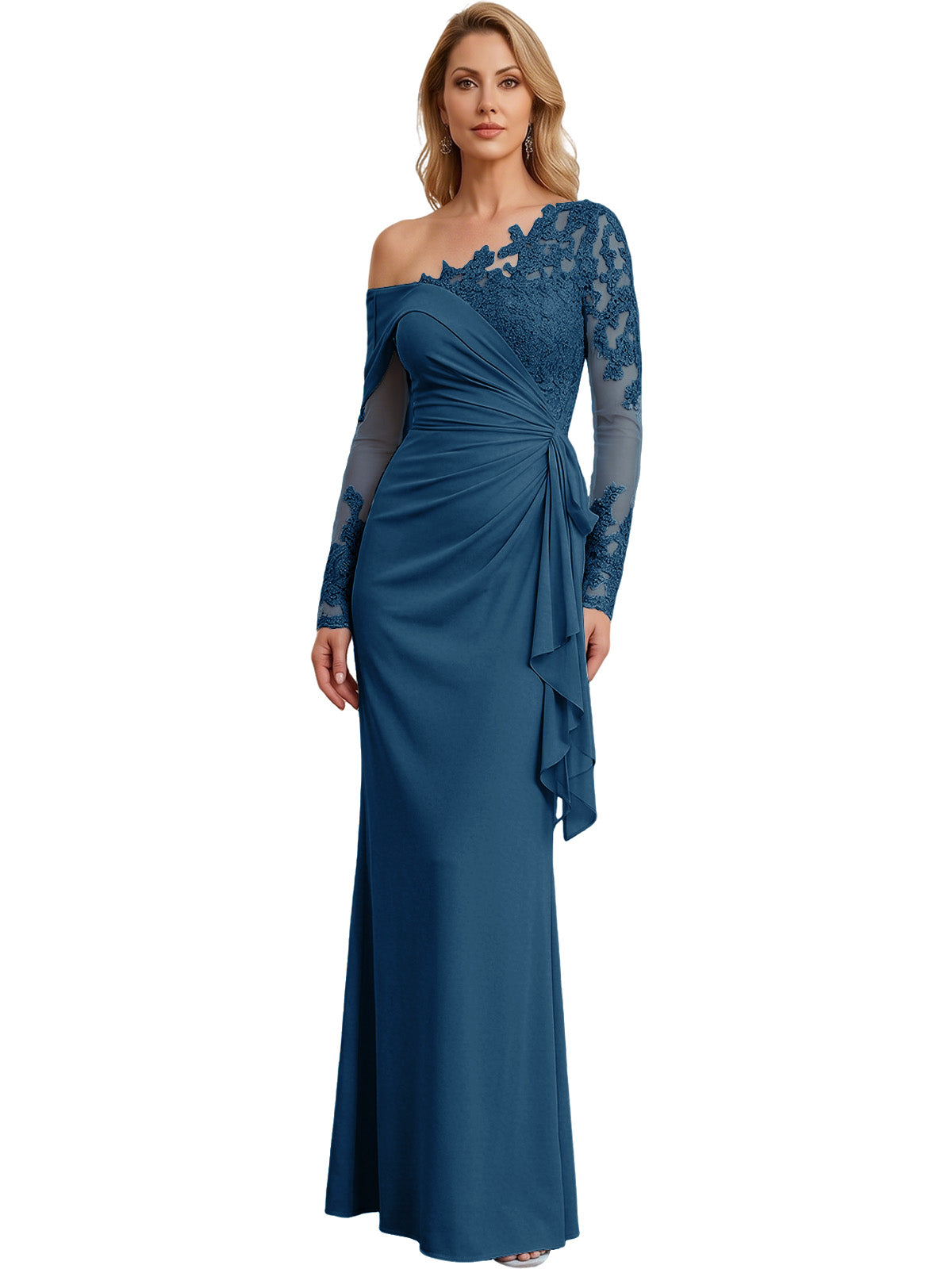 One Shoulder Mother of the Bride Gown Long Lace Sleeve Mermaid Dress with Draped Ruffle