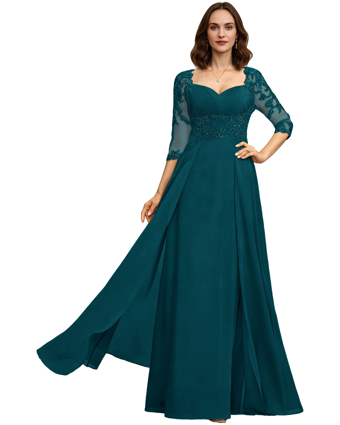 Long Sweetheart Mother of the Bride Dress Lace 3/4 Sleeve Chiffon A-Line Gown