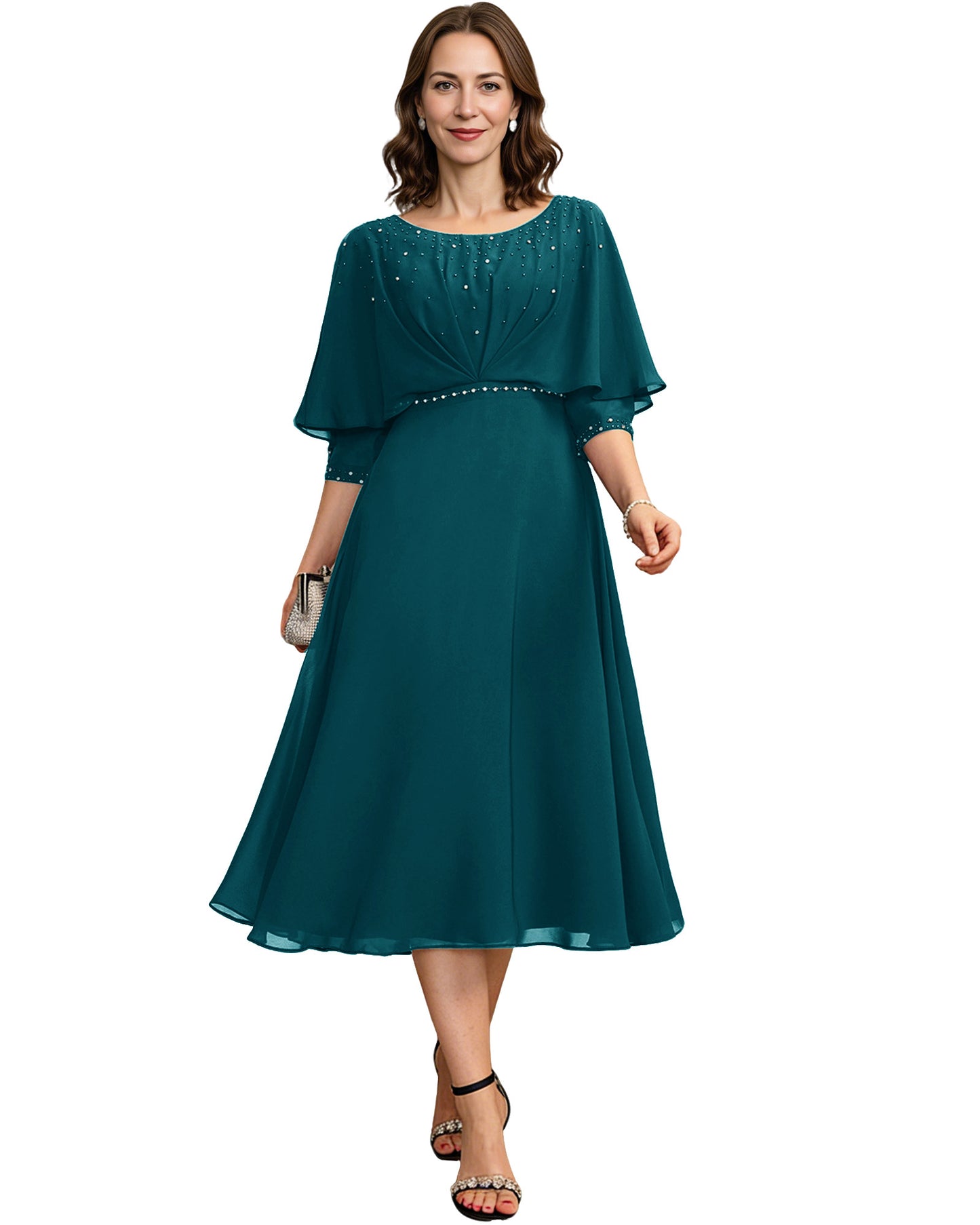 Beaded Cape Mother of the Bride Dress Tea Length Chiffon A-Line Formal Guest Gown