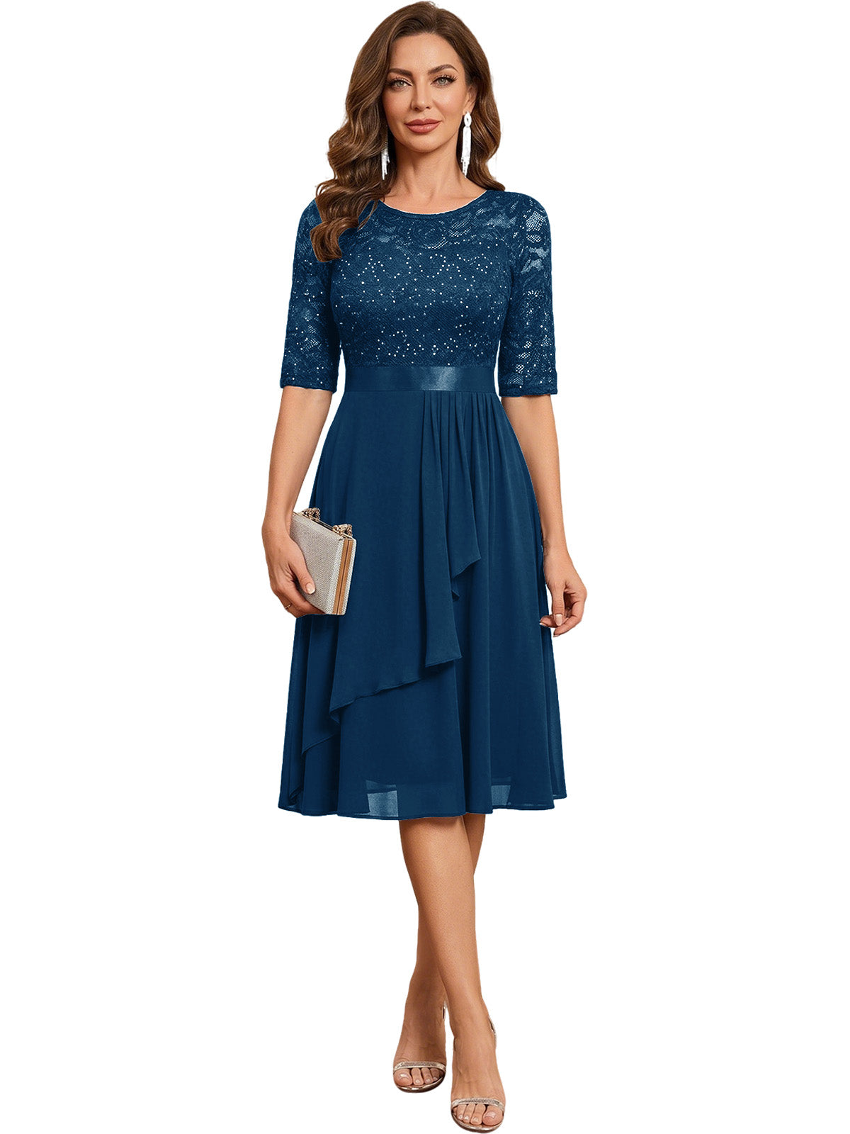 Knee Length Mother of the Bride Dress Sequined Lace Bodice Chiffon Skirt Formal Guest Outfit