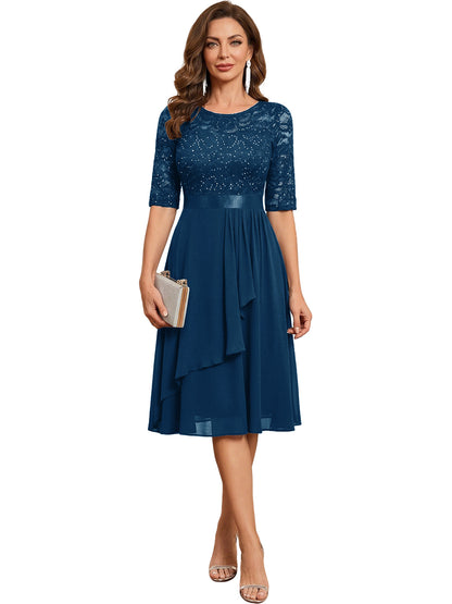 Teal Blue Knee Length Mother of the Bride Dress Sequined Lace Bodice Chiffon Skirt Formal Guest Outfit color option