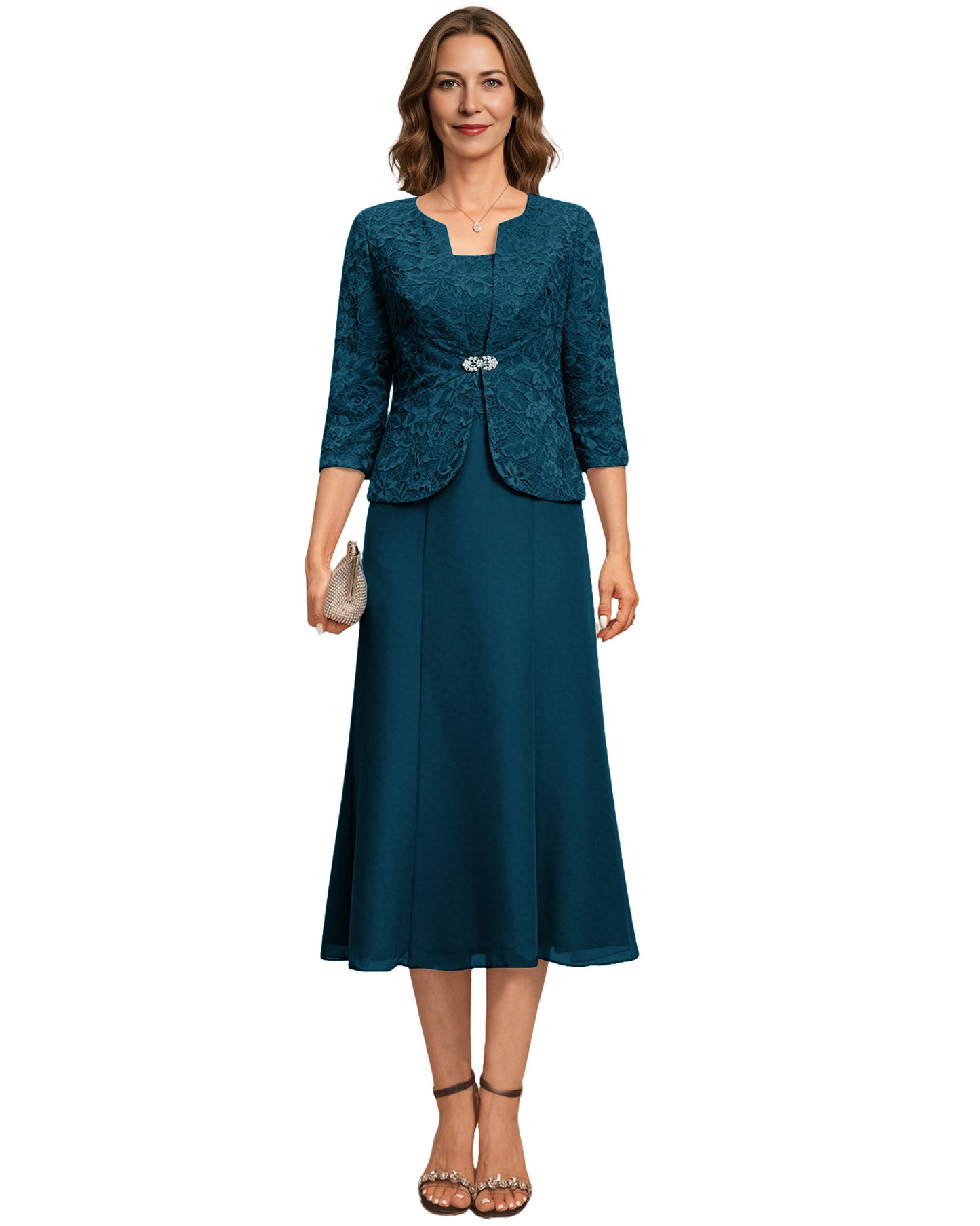 Tea Length Mother of the Bride Dress Lace Jacket Chiffon A-Line Wedding Guest Outfit