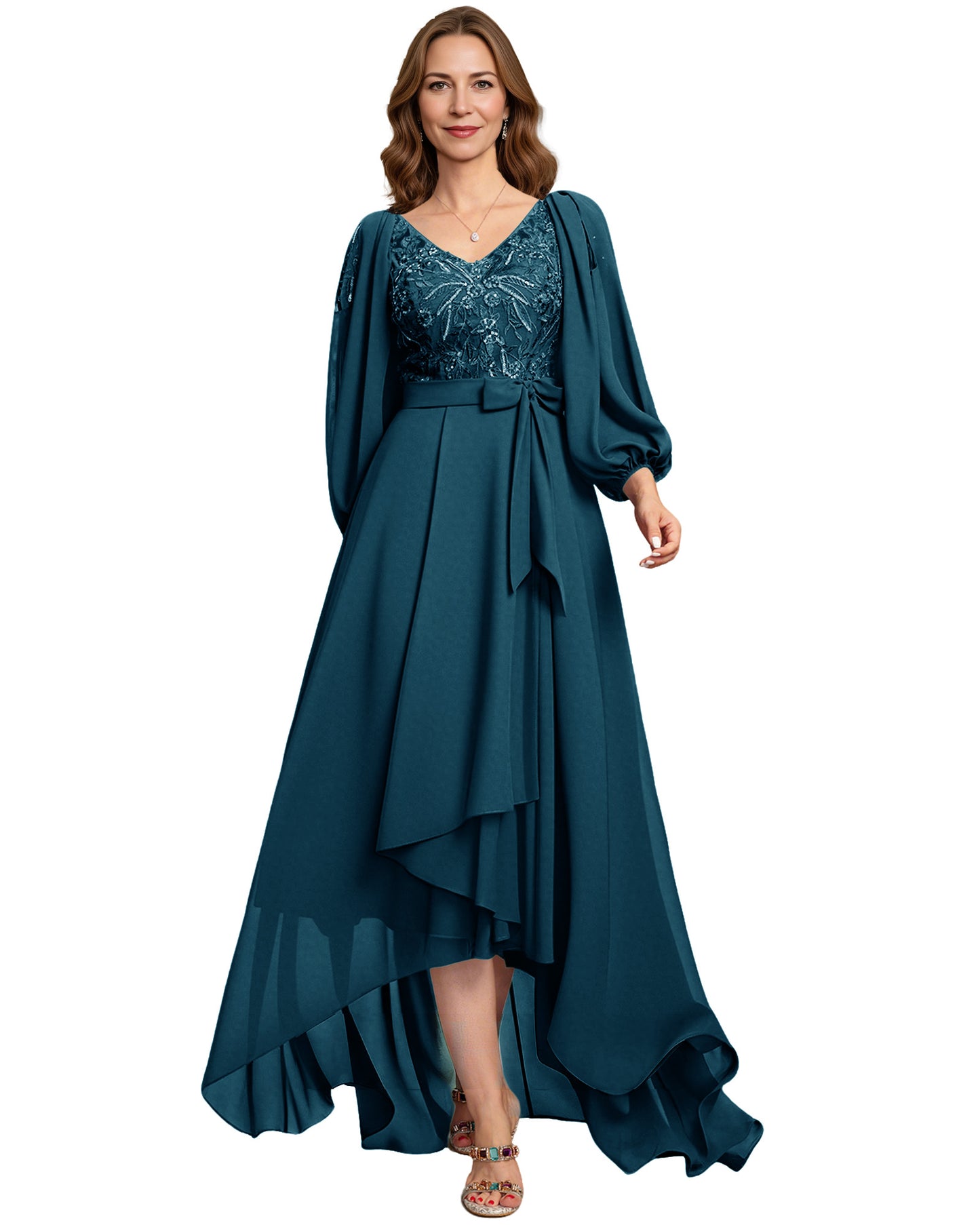 High Low Mother of the Bride Dress Lace Bodice Chiffon Jacket Formal Wedding Gown