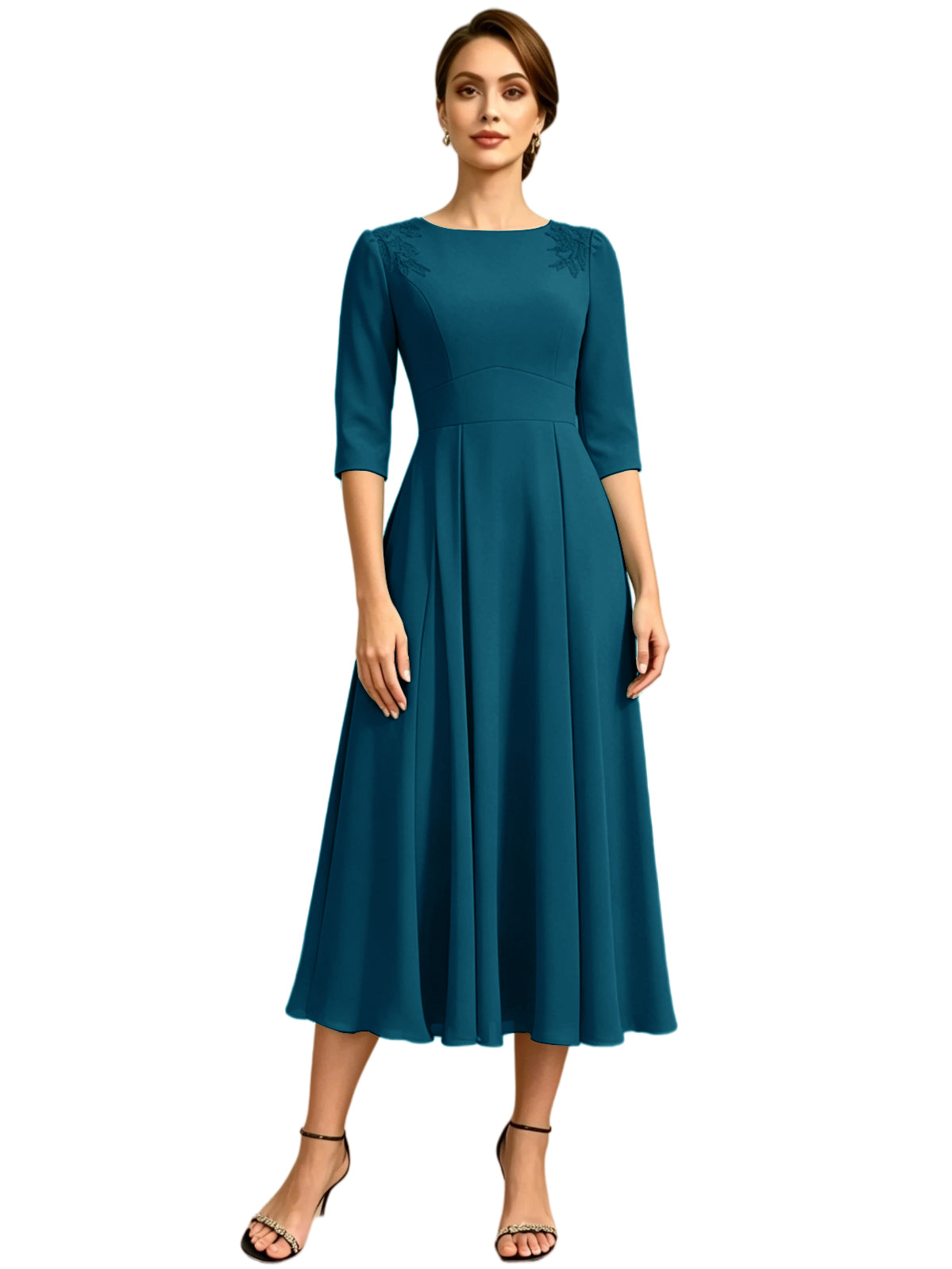 Tea Length Mother of the Bride Dress Jewel Neck Chiffon A-Line Formal Gown with Embroidery