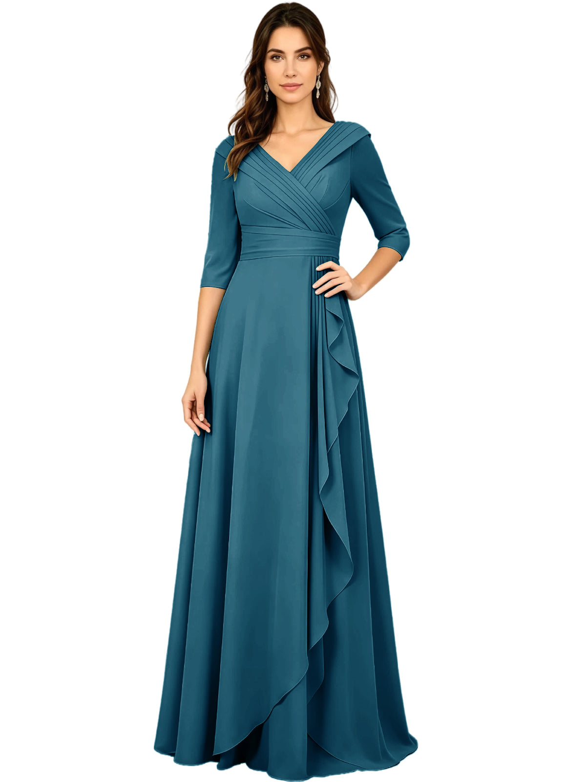 Long V-Neck Mother of the Bride Dress Chiffon Half Sleeve A-Line Gown with Side Ruffle