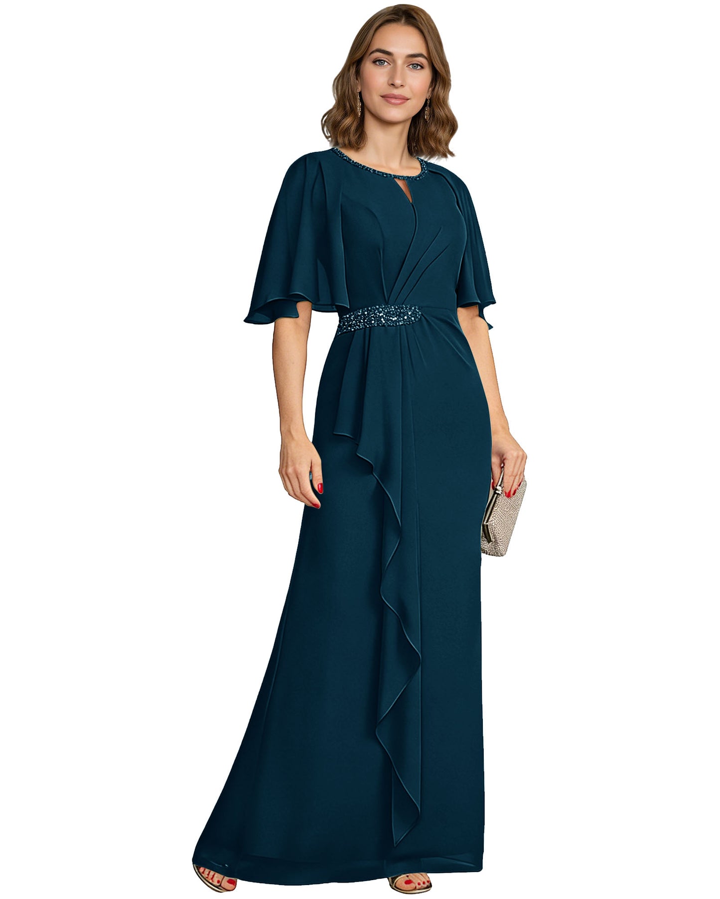 Long Mother of the Bride Dress Chiffon Flutter Sleeve Beaded Waist Formal A-Line Gown