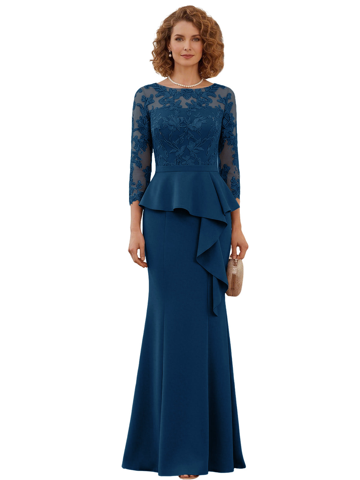 Long Mother of the Bride Dress Lace Illusion Bodice Peplum Mermaid Formal Evening Gown
