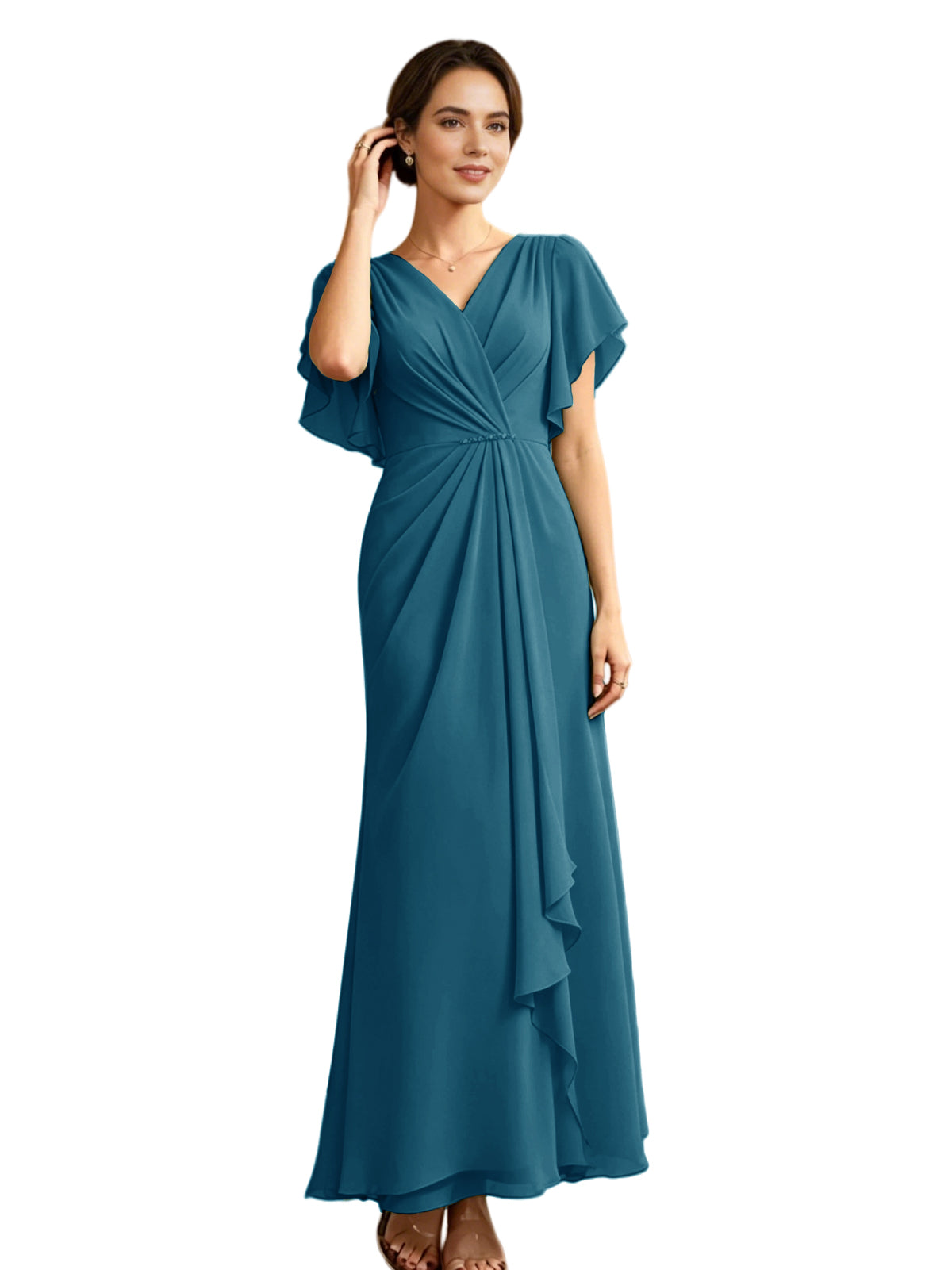 Long Chiffon Mother of the Bride Dress V-Neck Flutter Sleeve A-Line Gown with Beaded Waist