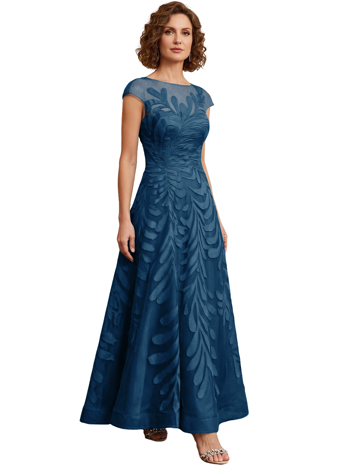 Embroidered Tulle Mother of the Bride Dress Long A-Line Gown with Illusion Cap Sleeves