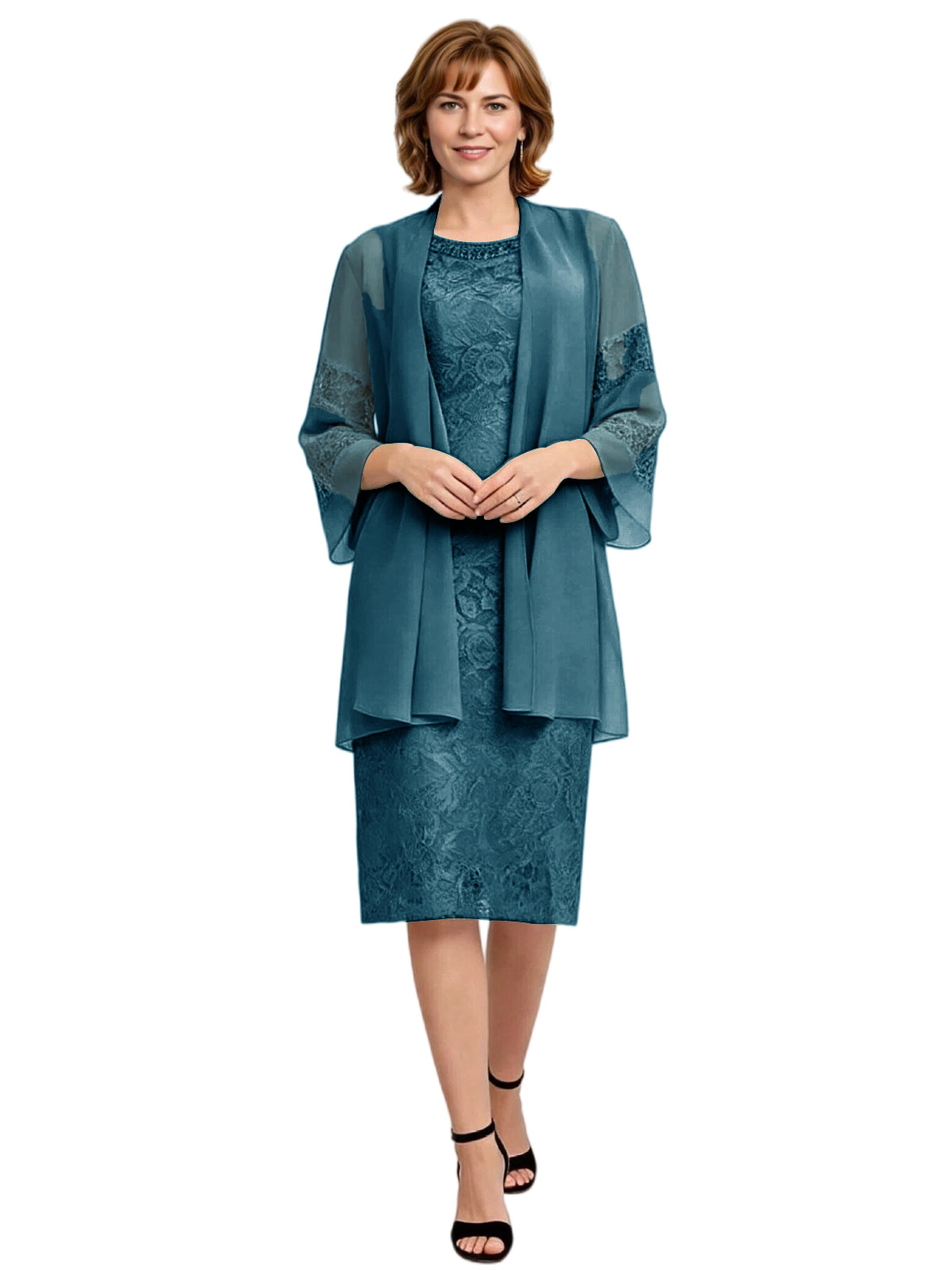 Mother of the Bride Dress with Jacket Knee Length Lace Formal Wedding Guest Outfit
