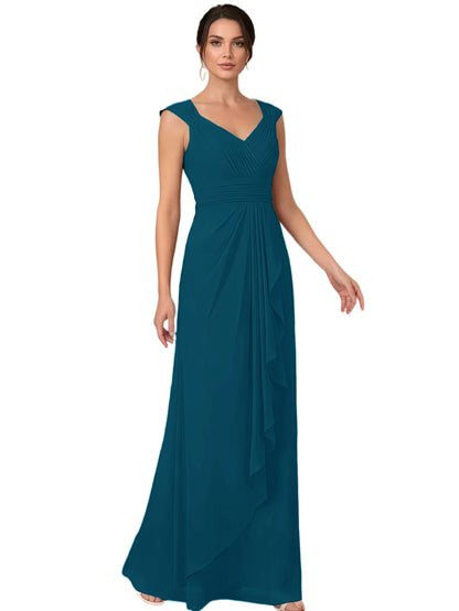 Mother of the Bride Dress Long Sleeveless V-Neck Chiffon Formal Gown with Ruffle Detail