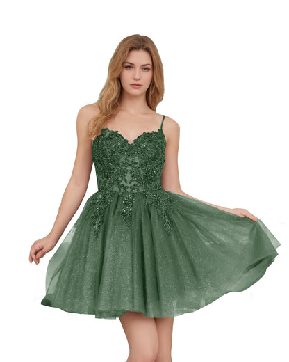 Spaghetti Strap Beaded Corset Glitter Tulle Homecoming Dress