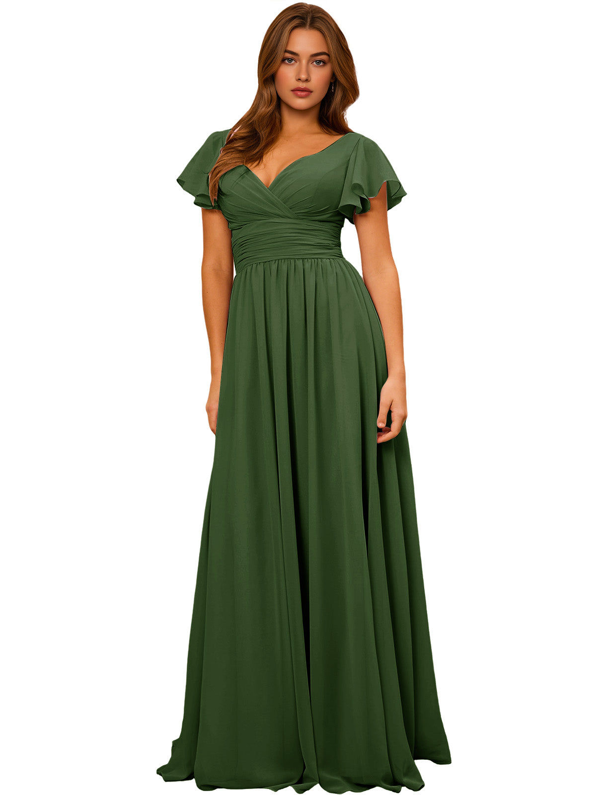 V-Neck Flutter Sleeve Chiffon Bridesmaid Dress with Empire Waist