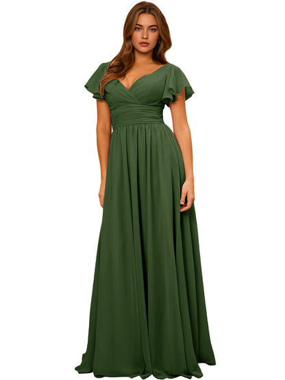 V-Neck Flutter Sleeve Chiffon Bridesmaid Dress with Empire Waist