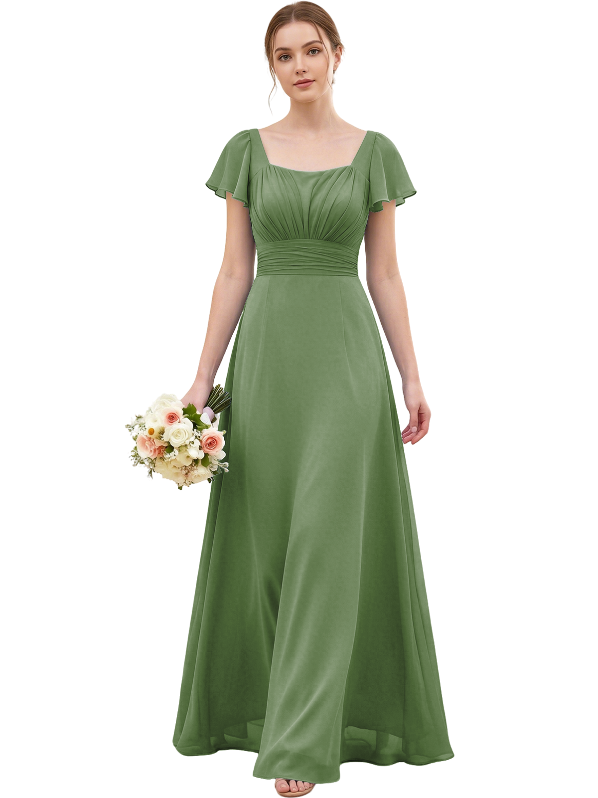 Square Neck Chiffon Bridesmaid Dress with Flutter Sleeves and Lace-Up Back