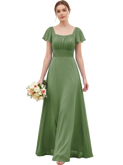 Square Neck Chiffon Bridesmaid Dress with Flutter Sleeves and Lace-Up Back