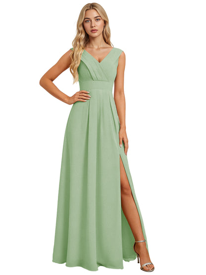 Surplice V-Neck Chiffon Bridesmaid Dress with A-Line Slit dress