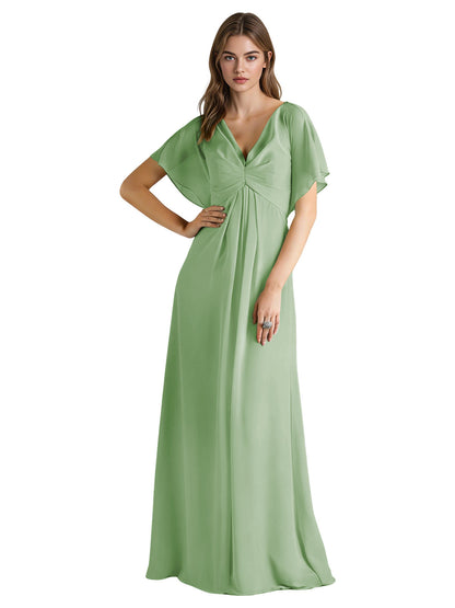 Short Sleeve V-Neck Chiffon Bridesmaid Dress with Gathered Waist