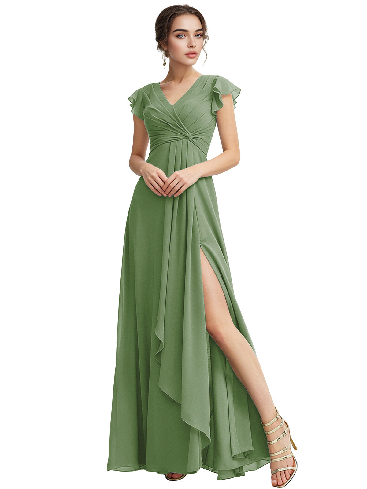 Cap Sleeve Chiffon Bridesmaid Dress with Ruffle V-Neck and Slit