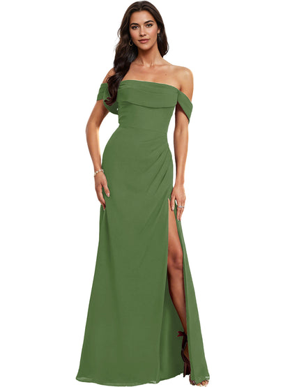 Off Shoulder Crepe Bridesmaid Dress with Foldover Neckline and Slit