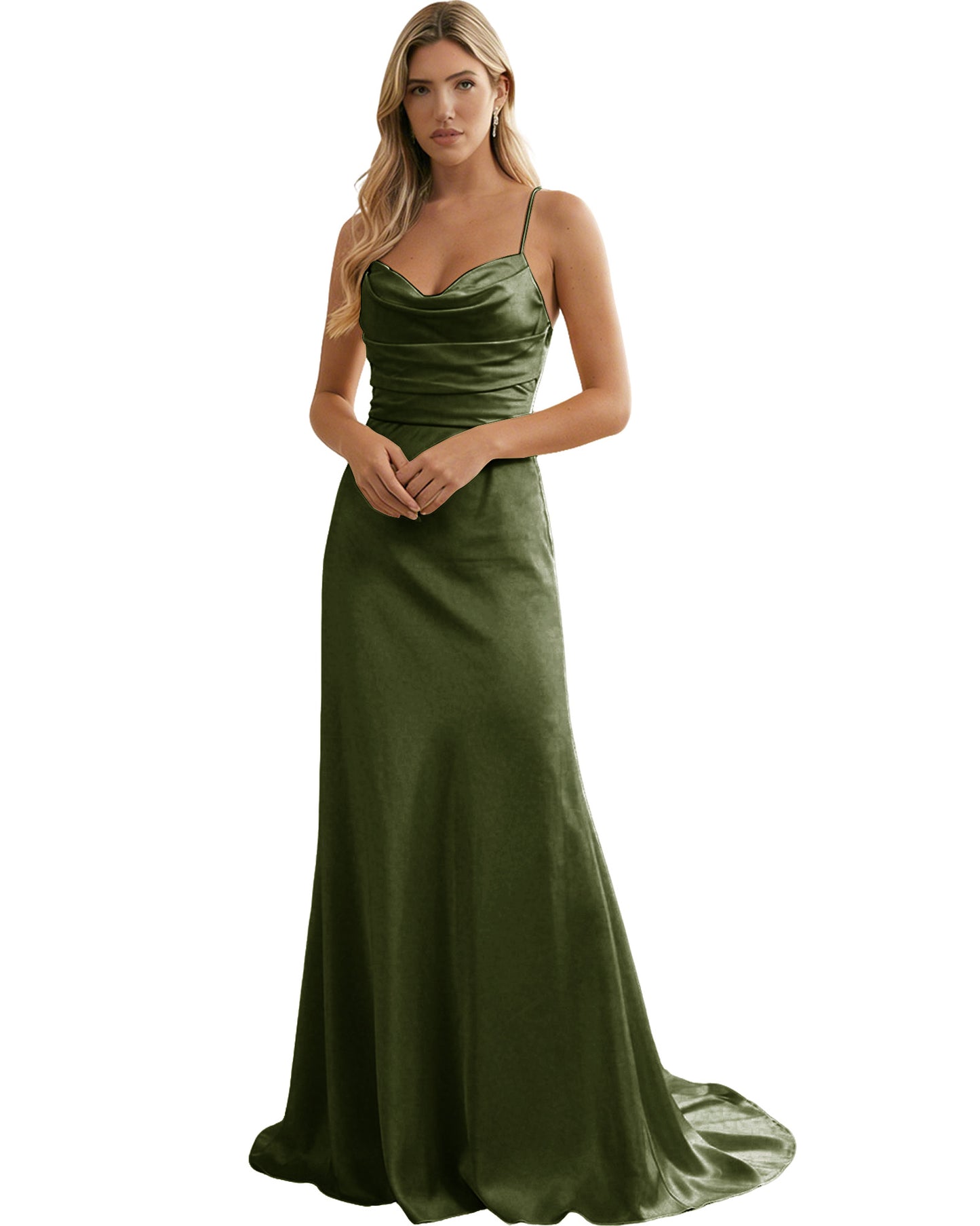 Spaghetti Straps Ruched Satin Floor Length Bridesmaid Dress