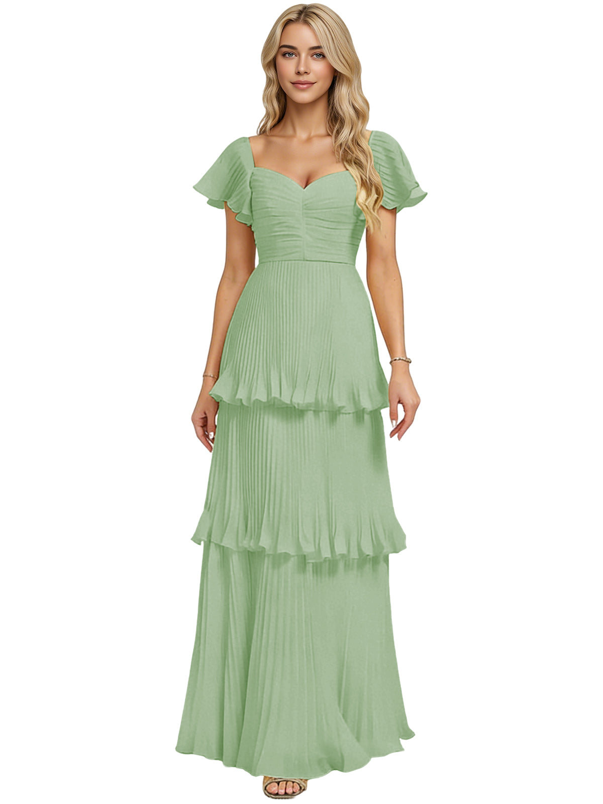 Tiered Ruffle Chiffon Bridesmaid Dress with Sweetheart Neckline