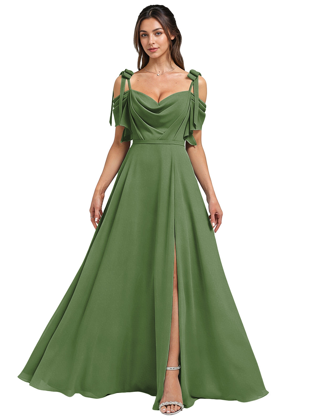 Cowl Neck Cold Shoulder Bridesmaid Dress with High Slit Chiffon Dress
