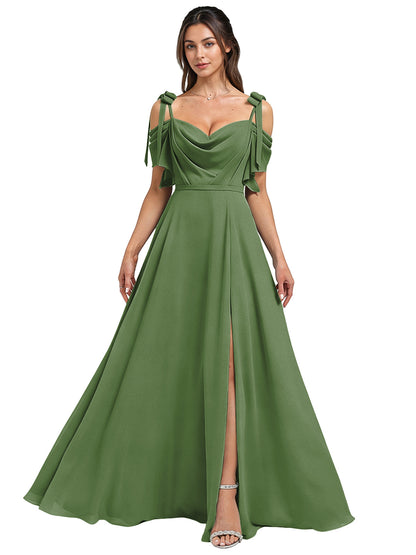 Cowl Neck Cold Shoulder Bridesmaid Dress with High Slit Chiffon Dress