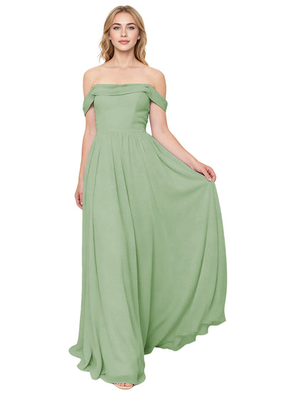 Off Shoulder Pleated Chiffon Bridesmaid Dress with Flowing A-Line Dress