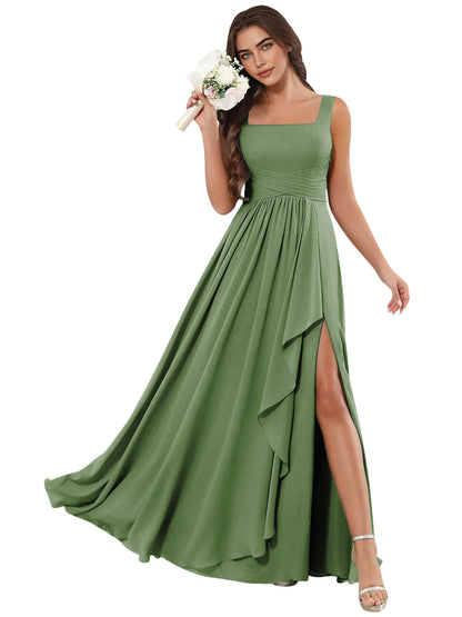 Square Neck Chiffon Bridesmaid Dress with Corset Back and Slit